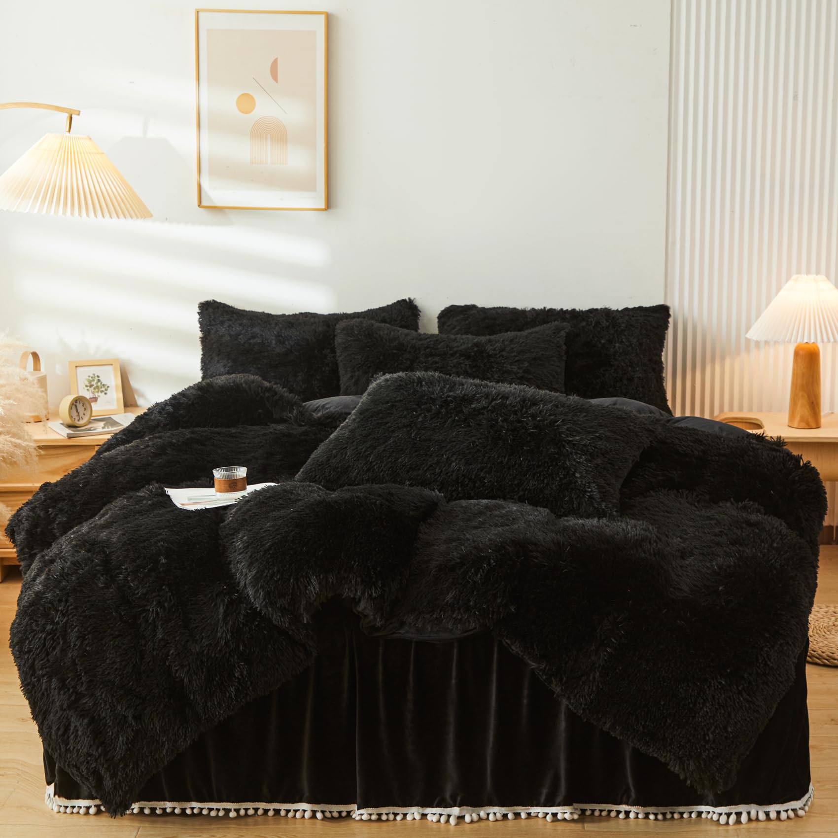 Erloxo Fluffy Black Faux Fur Comforter Cover Set,Fluffy Fuzzy Plush Black Bedding 3Pcs (1 Faux Fur Duvet Cover +2 Fuzzy Pillowca